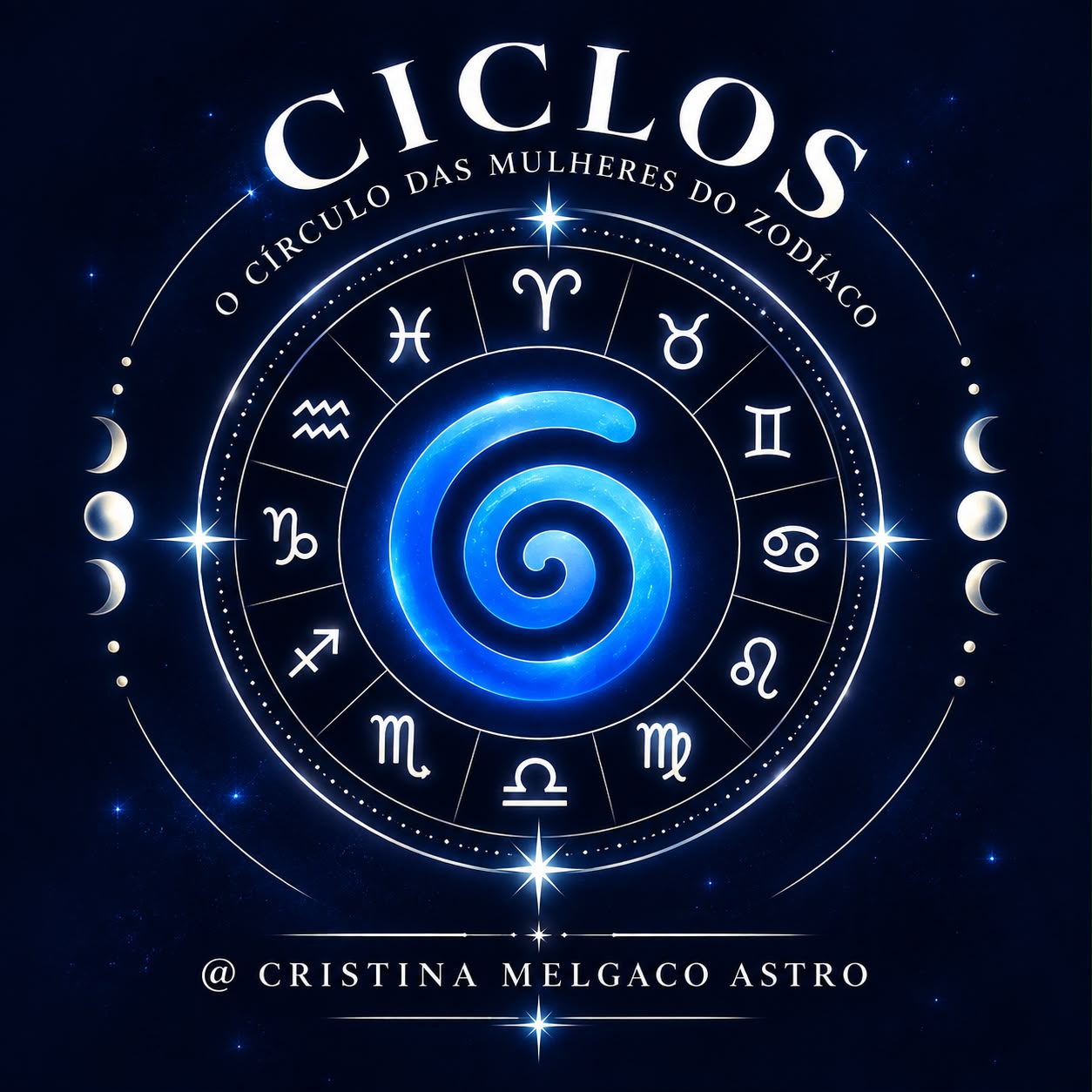 Logo azul Ciclos, O Círculo das Mulheres do Zodíaco, Cristina Melgaço